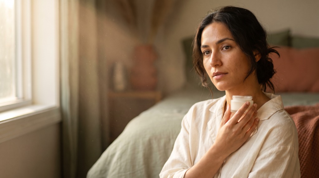 Woman near a window holding a skincare jar close to her collarbone in warm golden light