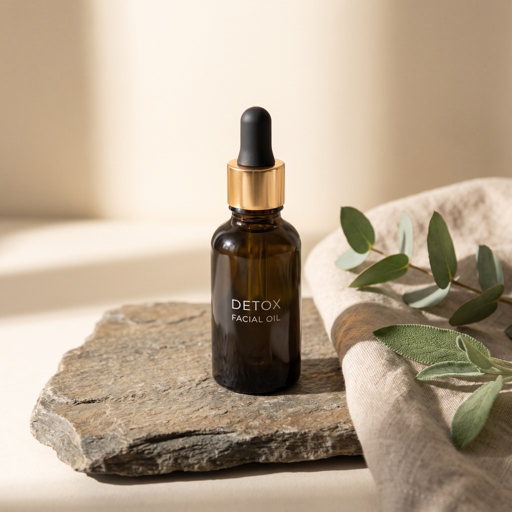 Dark amber glass dropper bottle of Detox facial oil standing upright on a rugged stone slab