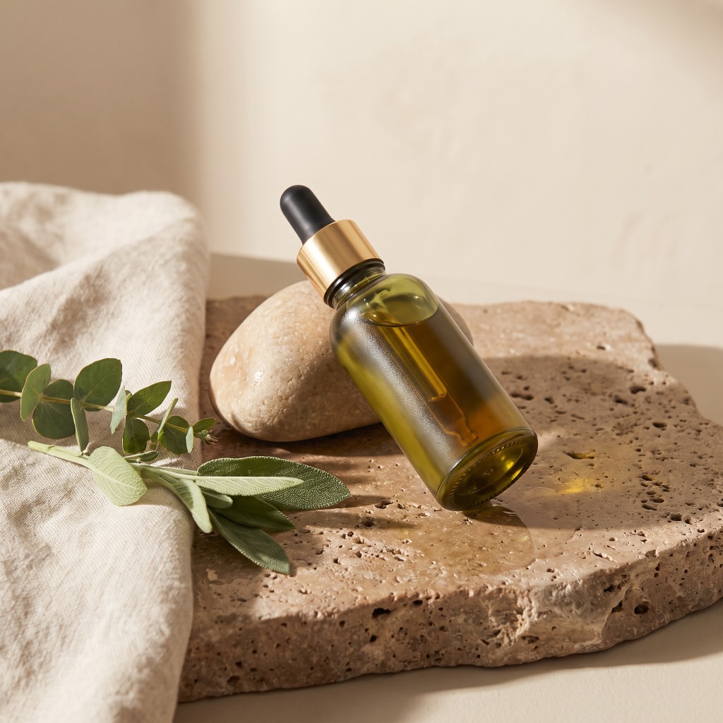 Green glass dropper bottle of calming face oil lying down on a textured stone surface