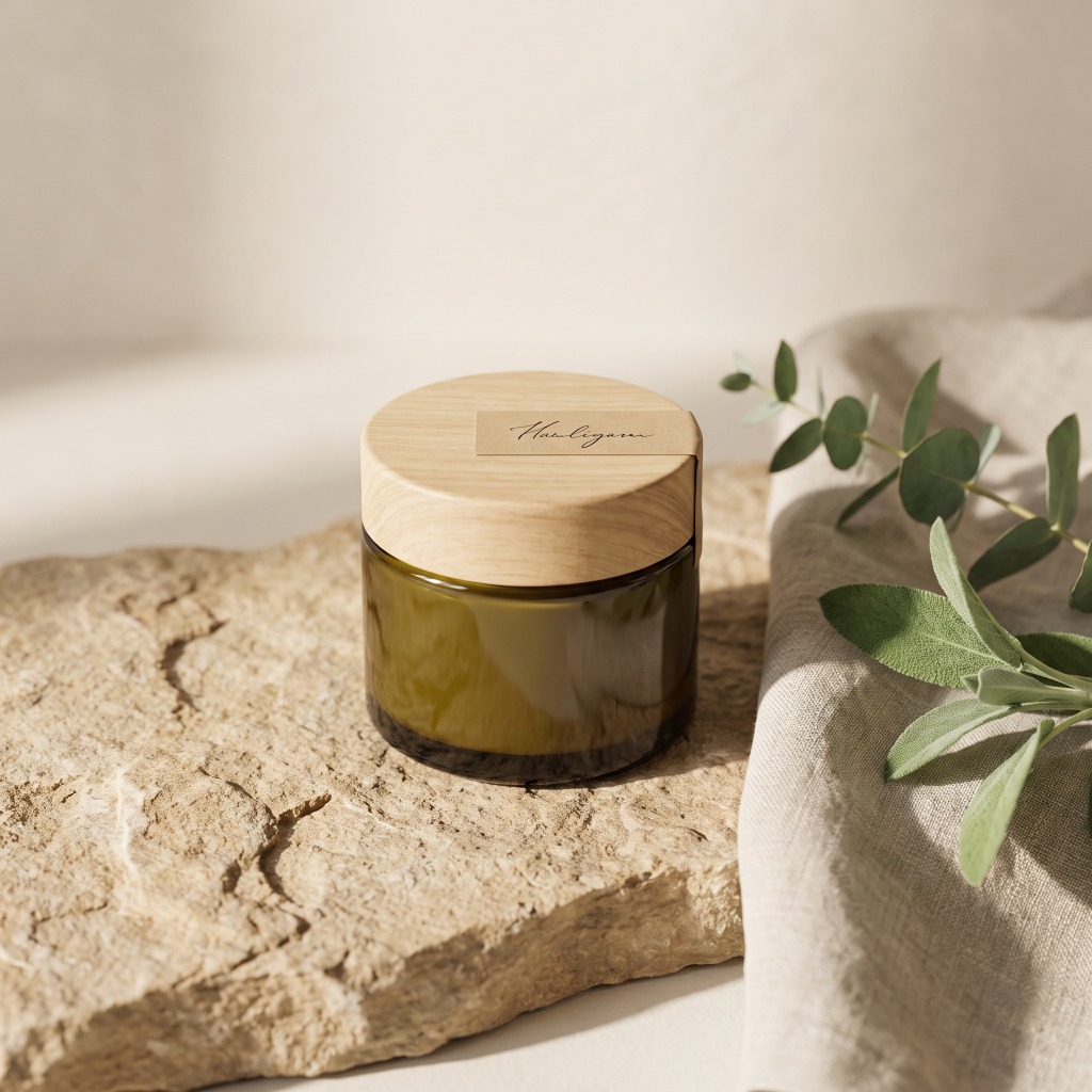 Amber glass jar of hydrating face cream with wooden lid on a stone slab with eucalyptus leaves