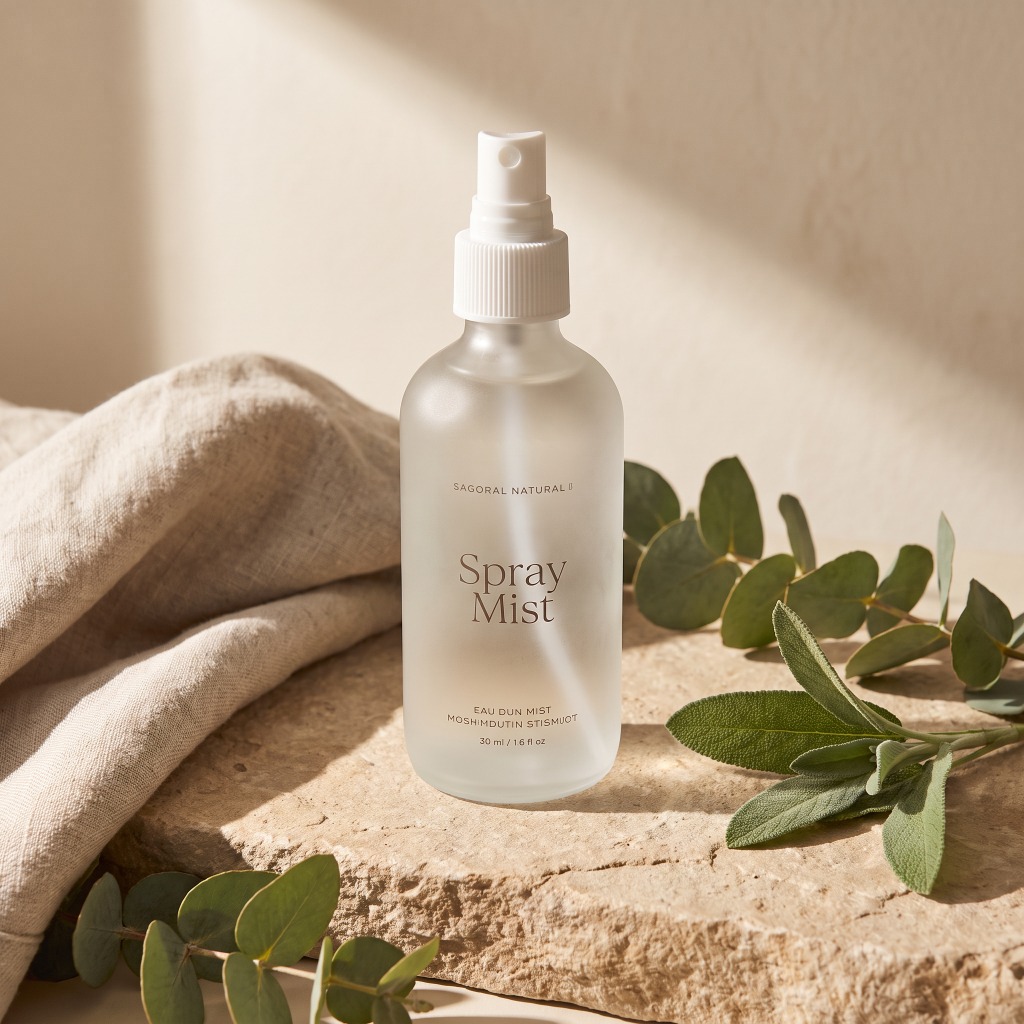 Frosted glass spray bottle of lavender mist toner on a stone surface with eucalyptus