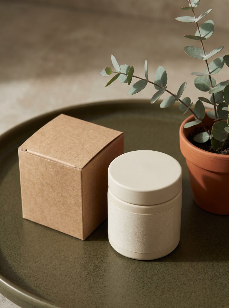 Minimalist sustainable cardboard packaging box next to a skincare jar and a potted eucalyptus plant