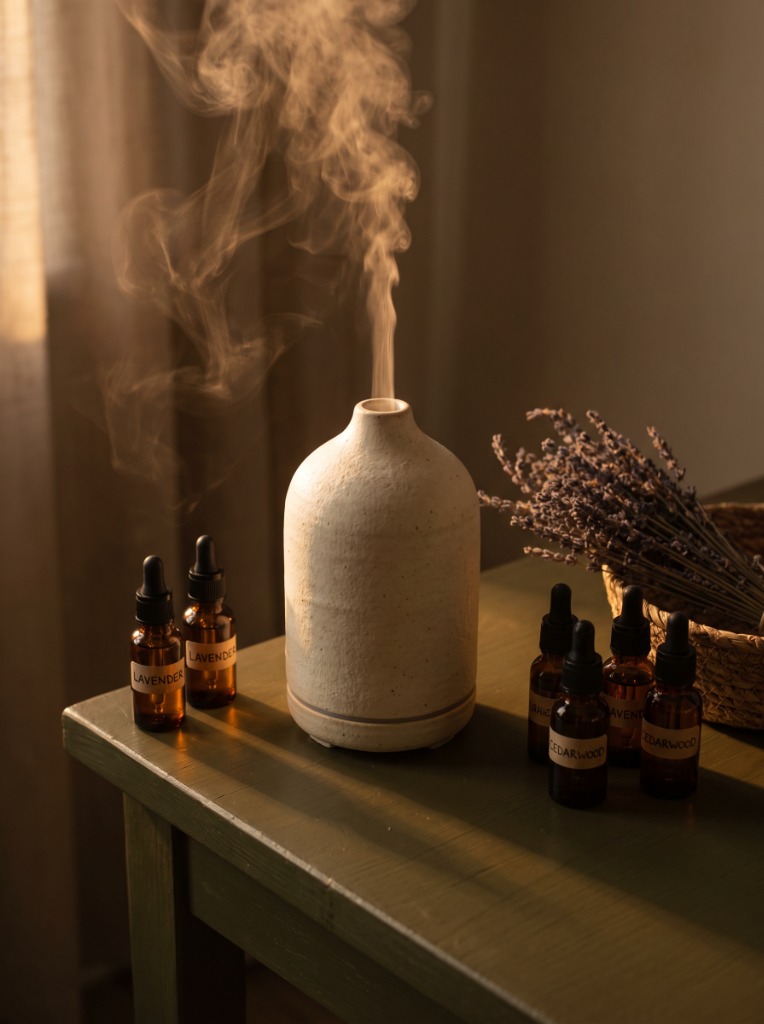 Ceramic essential oil diffuser emitting a plume of steam, surrounded by small amber oil bottles in warm light