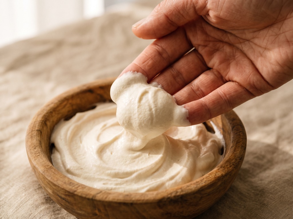 Hand scooping whipped skincare cream from a wooden bowl.